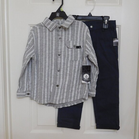 NWT 2pc Volcom Gray Stripe Snap Shirt & Pants Set sz 4t - Picture 1 of 1